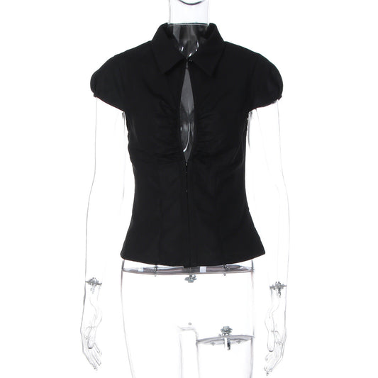 Turnover collar short sleeve button ruched top | Festival Outfits Women