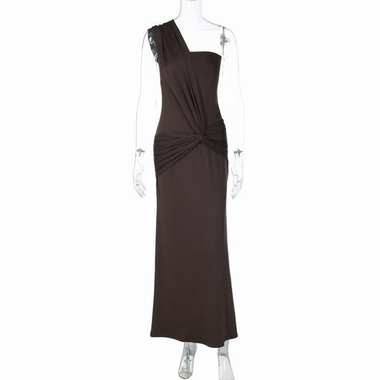 Irregular one shoulder hollow out solid maxi dress | Festival Outfits Women