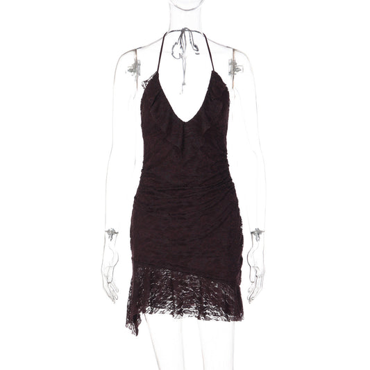 Halter self tie v neck ruffle lace ruched mini dress | Festival Outfits Women