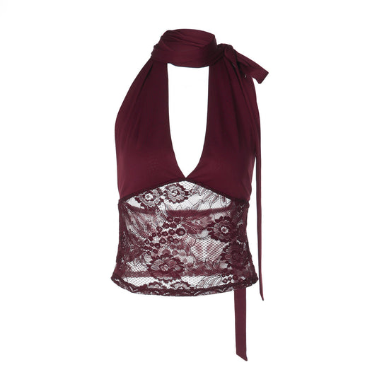 Halter v neck lace self tie backless top | Festival Outfits Women