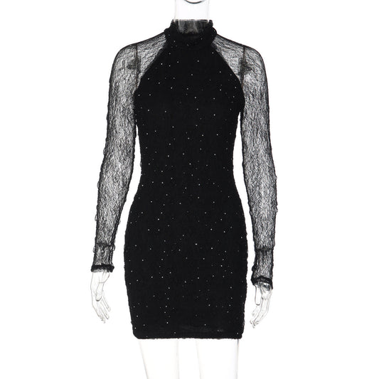 Long sleeve crewneck lace beaded mini dress | Festival Outfits Women