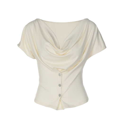Cowl neck short sleeve button solid top | Festival Outfits Women