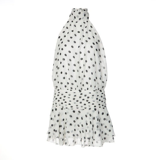 Polka dot halter self tie pleated backless mini dress | Festival Outfits Women