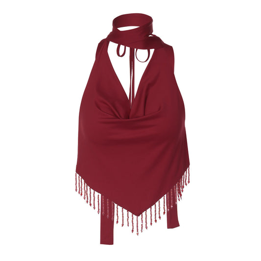Halter self tie cowl neck tassels backless top | Festival Outfits Women