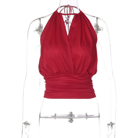 Self tie halter ruched v neck backless top | Festival Outfits Women