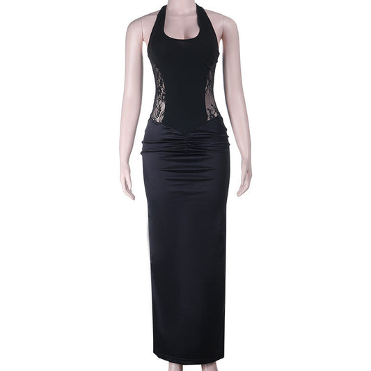 Ruched u neck self tie halter lace maxi dress | Festival Outfits Women