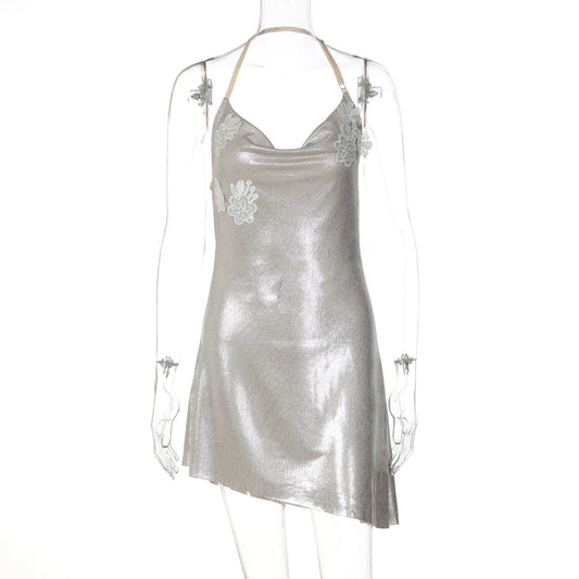 Irregular cowl neck embroidery halter mini dress | Festival Outfits Women