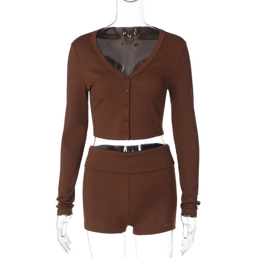 Ribbed long sleeve button v neck low rise pant set | Festival Outfits Women