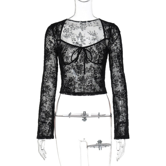Long sleeve mesh see through v neck self tie top | Festival Outfits Women
