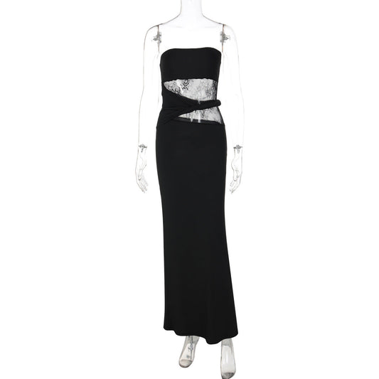 Irregular lace backless solid tube maxi dress | Festival Outfits Women