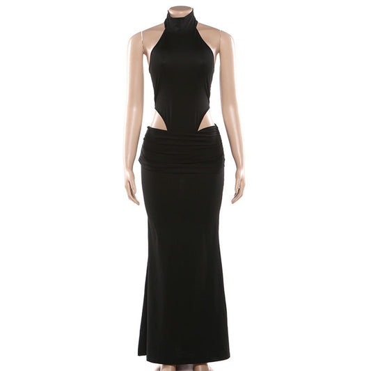 Halter ruched solid backless mini skirt set | Festival Outfits Women
