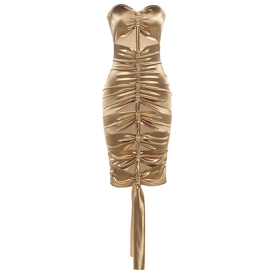 Hollow out ruched metallic tube mini dress | Festival Outfits Women