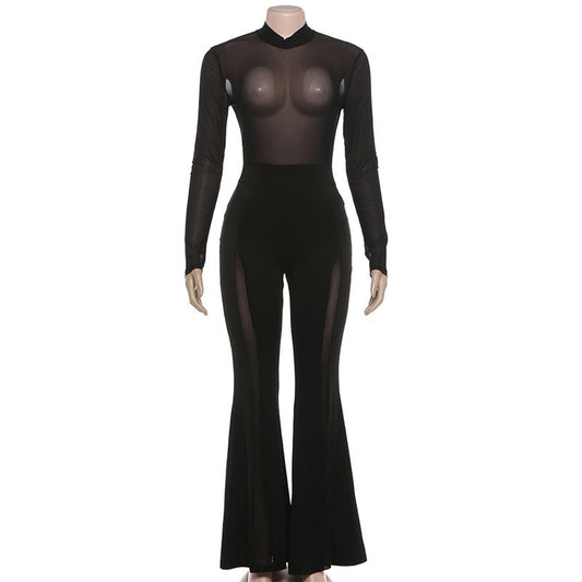 Long sleeve mesh zip-up see through jumpsuit | Festival Outfits Women