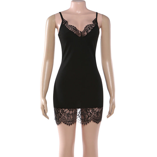 Lace hem v neck ribbed backless cami mini dress | Festival Outfits Women