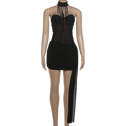 High neck ruched irregular mesh solid mini dress | Festival Outfits Women