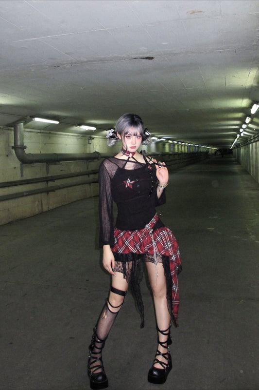 Asymmetrical Plaid Patchwork Hollow Out Mini Dress