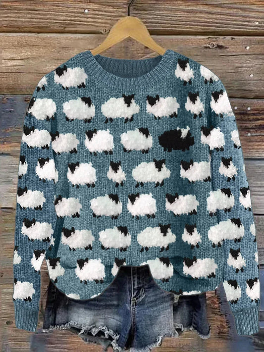Suéter vintage de punto grueso con ovejas para mujer | Ideal para otoño/invierno