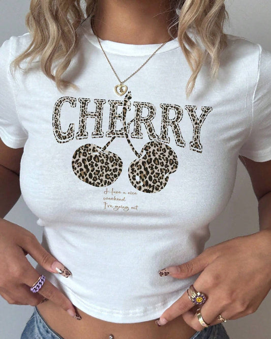Cherry Leopard Cherry Slim Cropped T-Shirt