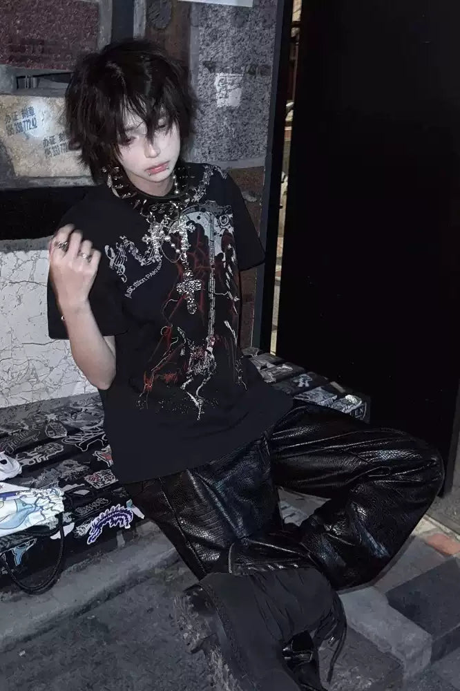 Dark Punk Alt-Girl Printed Silk Loose T-shirt