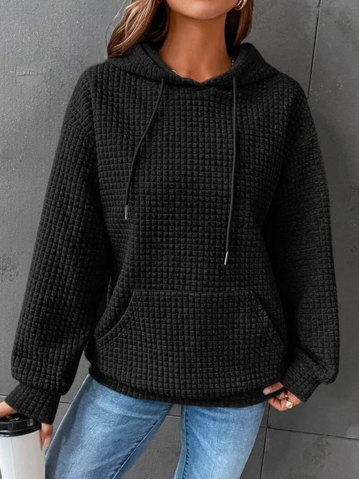 Waffle Drawstring Pocket Round Neck Long Sleeve Hoodie