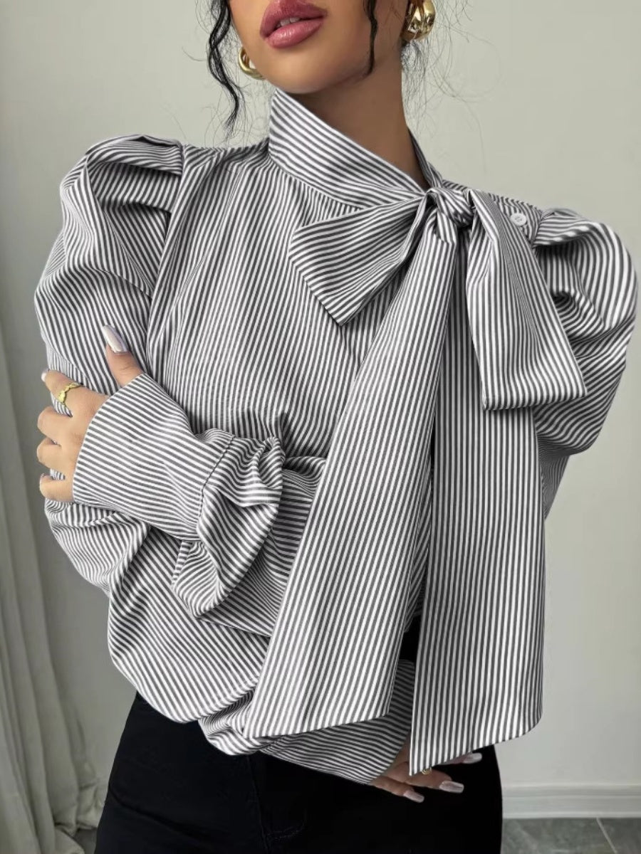 Puff Sleeve Bow Ribbon Stripes Leisure Shirts
