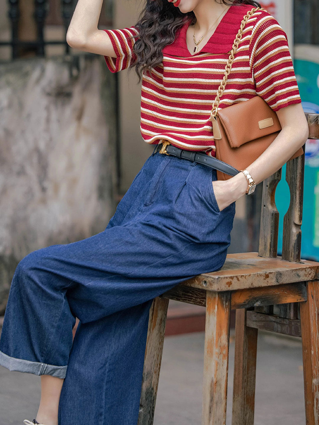 Khloe Retro Polo Striped Knitted Top