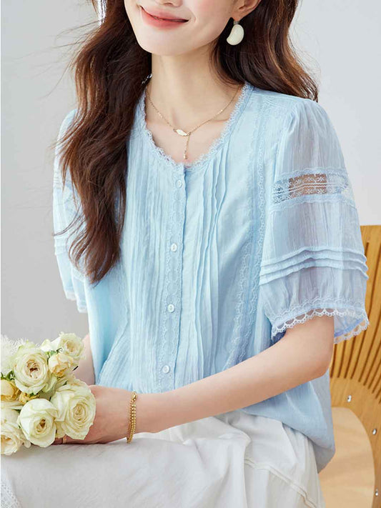 Paige Loose Crew Neck Lace Hollowed Blouse