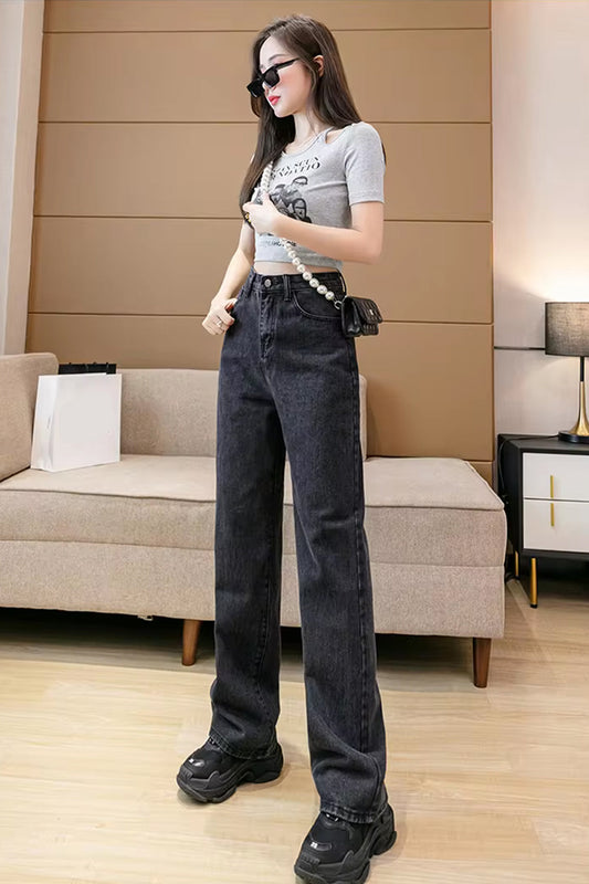 High Waist Casual Dark Grey Jeans Pants