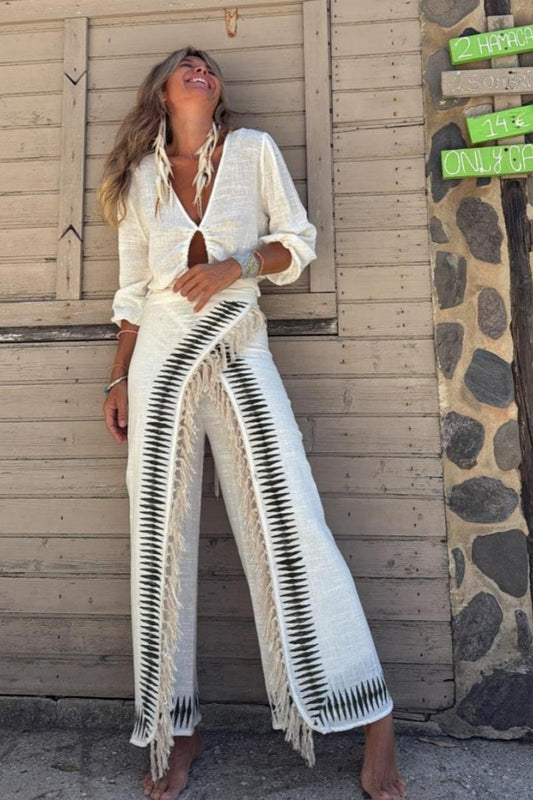 Elar Contrast Black Fringe Pants Set