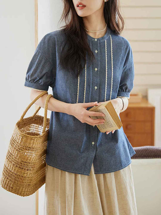 Mariah Loose Crew Neck Puff Sleeve Pleated Shirt