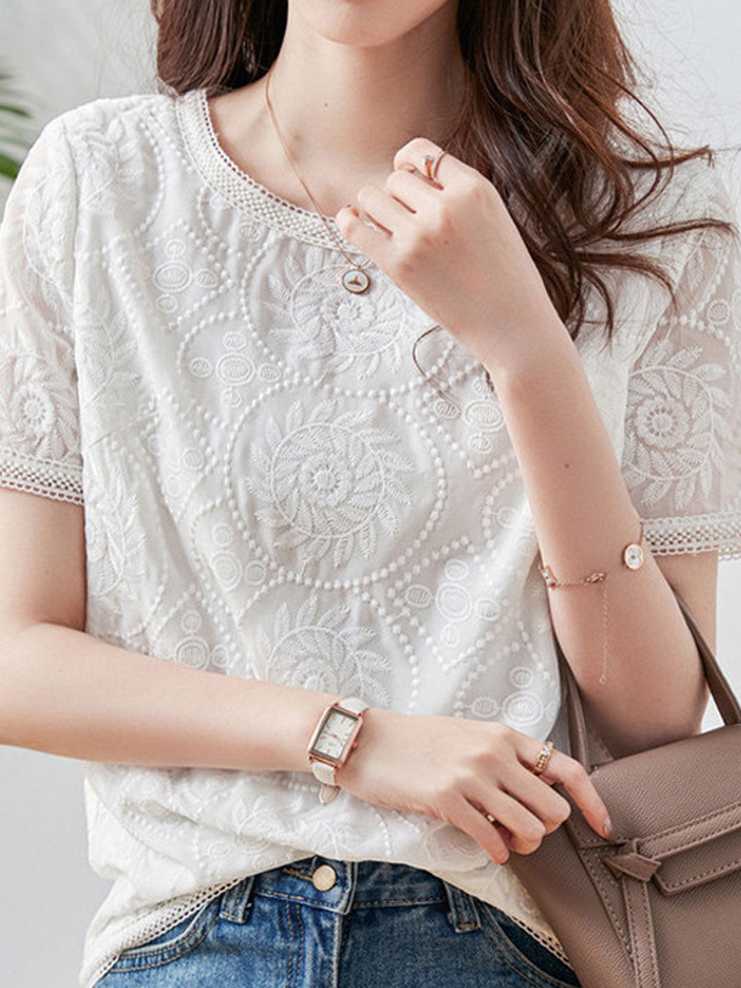 Valeria Elegant Crew Neck Lace Embroidered Chiffon Top