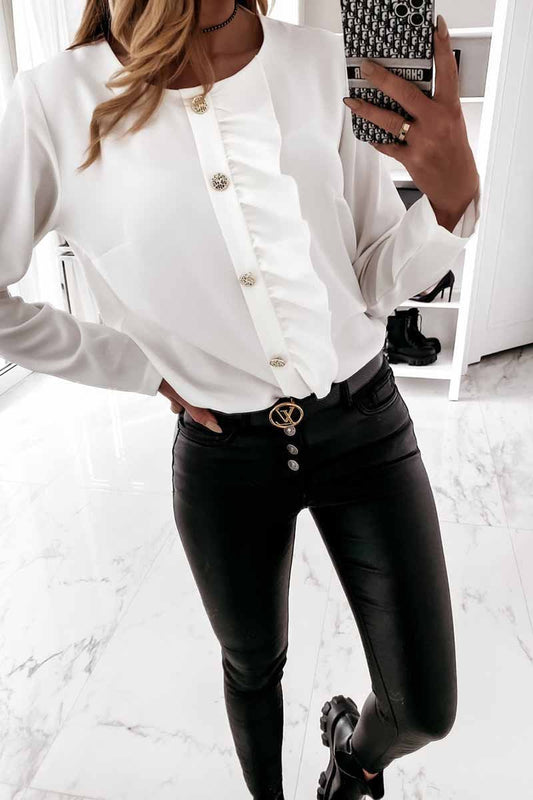 Solid Color Long-Sleeved Ruffled Button Shirt Tops(3 Colors)