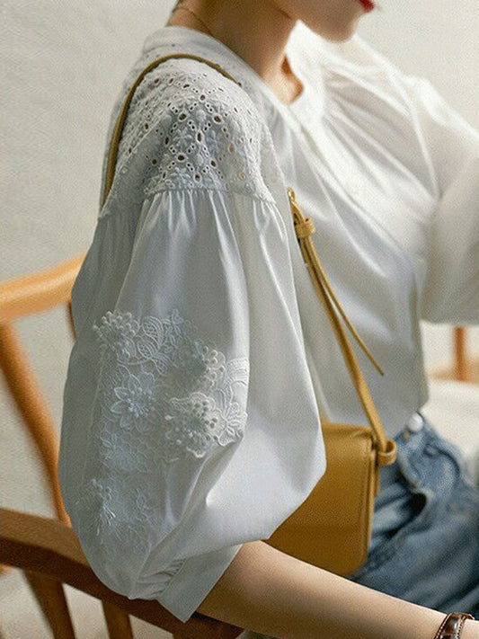 Zoey Classic Crew Neck Lantern Sleeve Embroidered Top