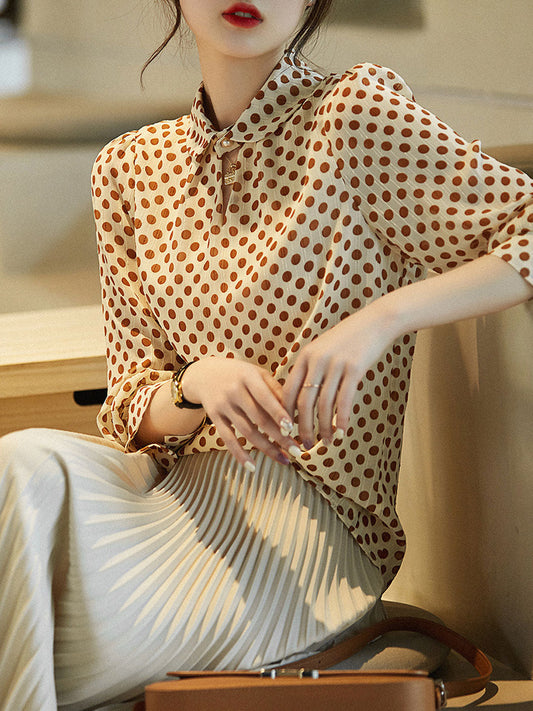 Julia Vintage Polka Dot Printed Lapel Top