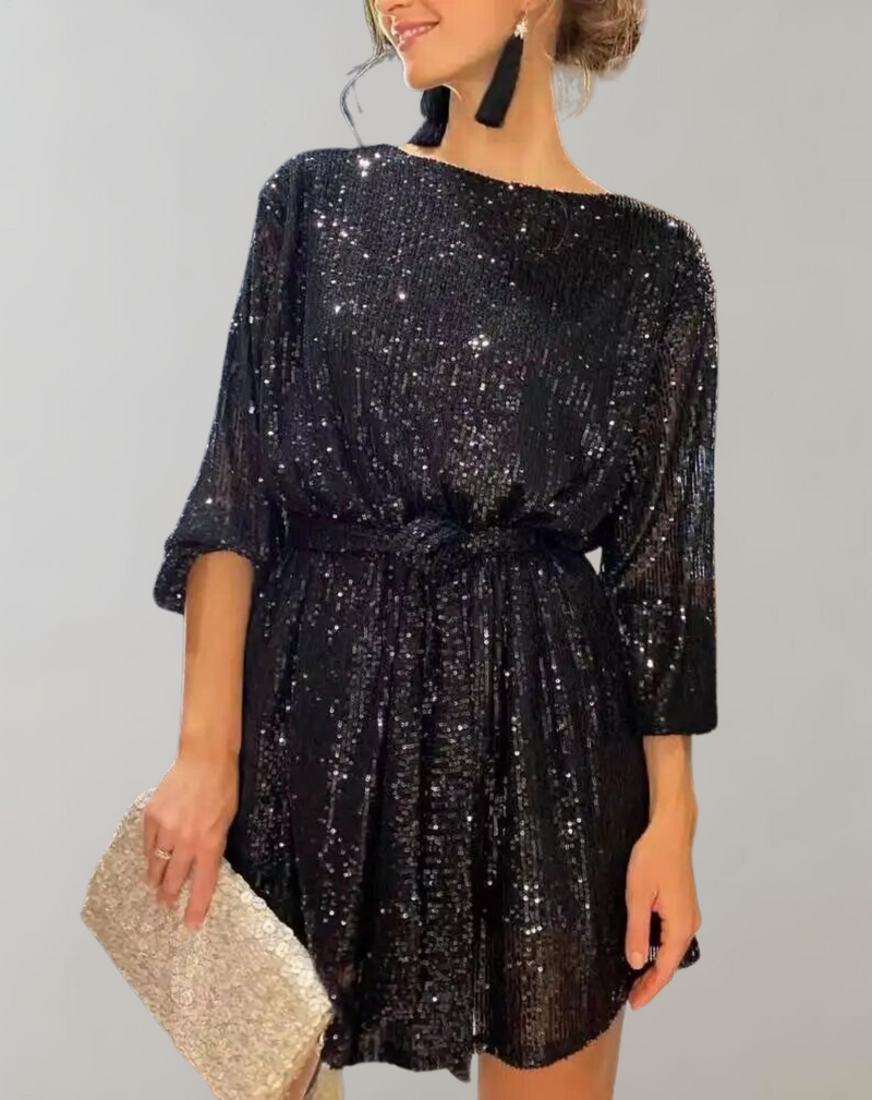 Vestido mini de lentejuelas y cuello alto para mujer | Ideal para primavera/verano