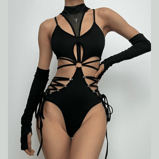 High neck o ring hollow out lace up gloves bodysuit | Festival Outfits Women