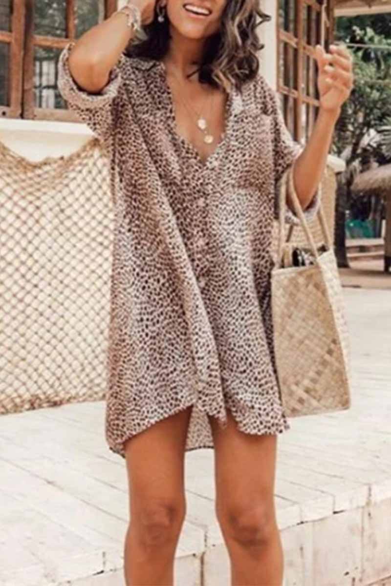 Leopard Print Long Sleeve Shirt Mini Dress(3 Colors)