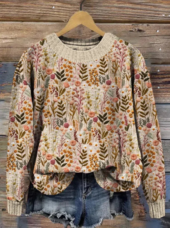 Elegante jersey de punto con bordado floral marrón para mujer | Ideal para otoño/invierno