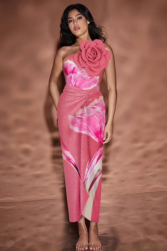 3D Floral Pink Print Swimsuit Set