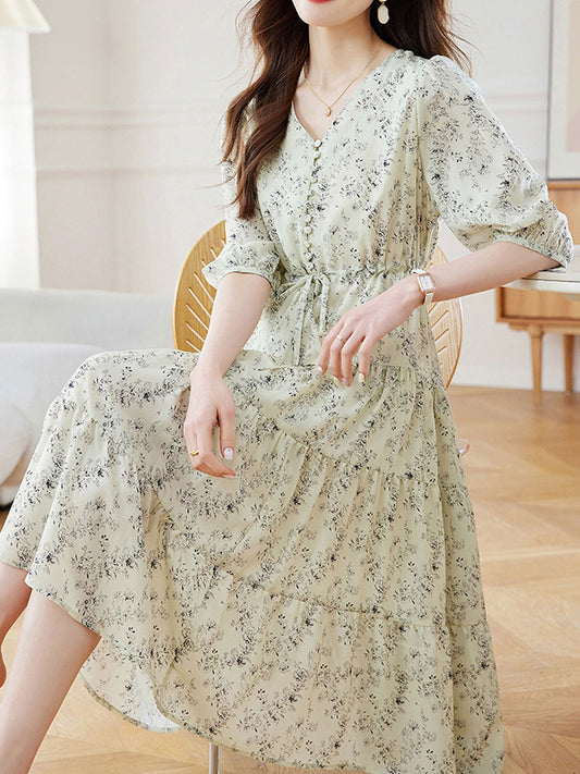 Sophia Elegant V-Neck Floral Chiffon Dress