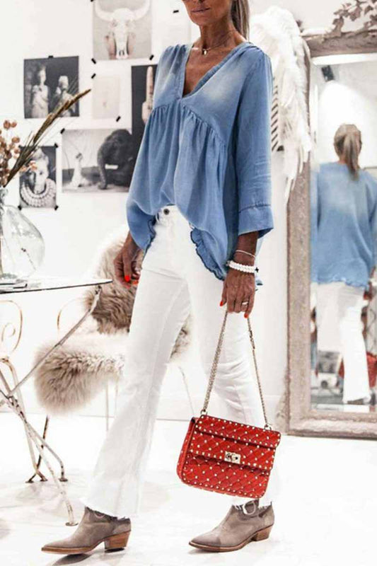 Denim Ruched Long Sleeve Casual Top