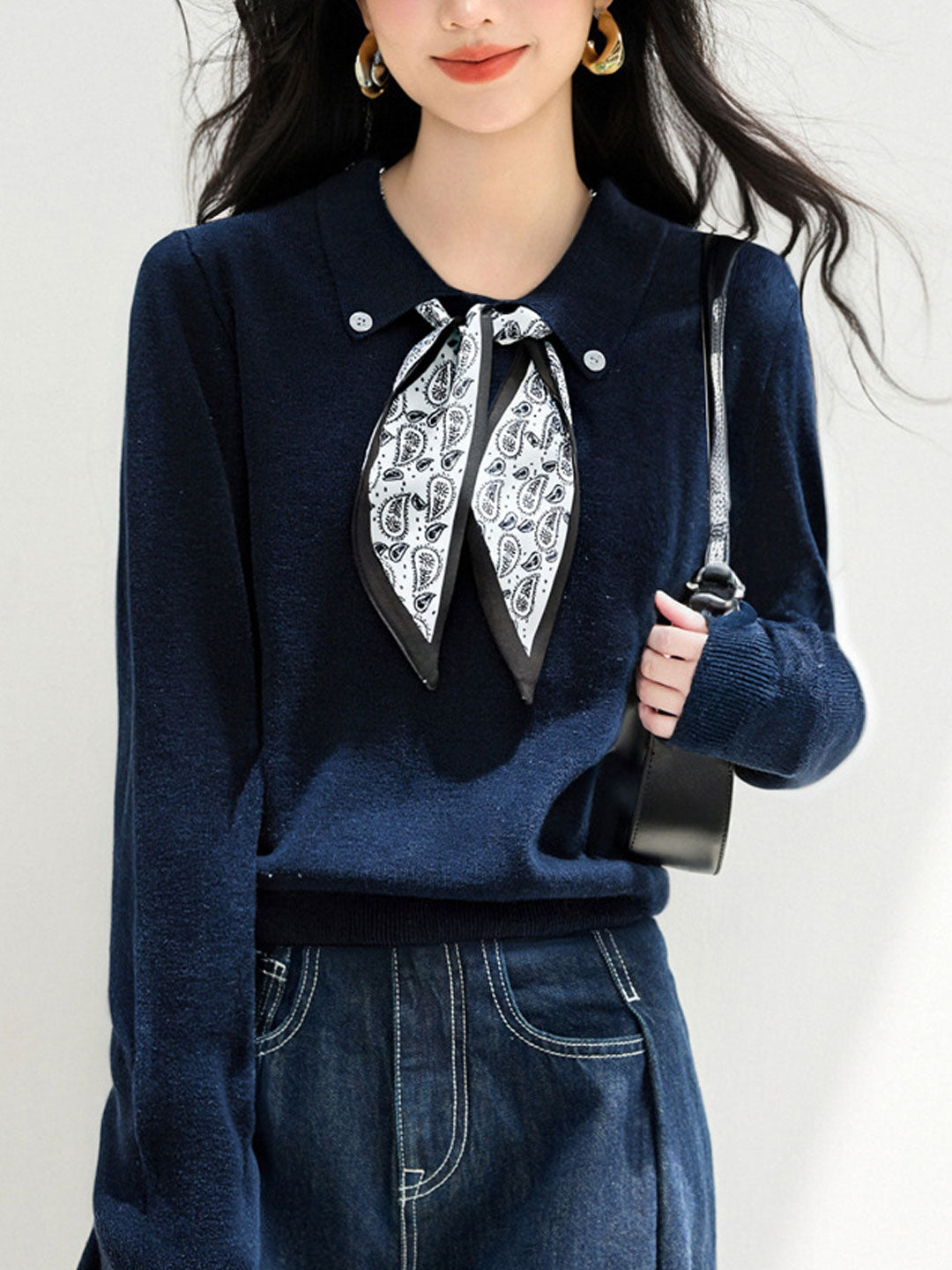 Natalie Loose Lapel Bow Tie Knitted Top