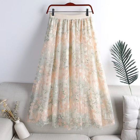 Flowers Embroidered Tulle Transparent Long Skirt