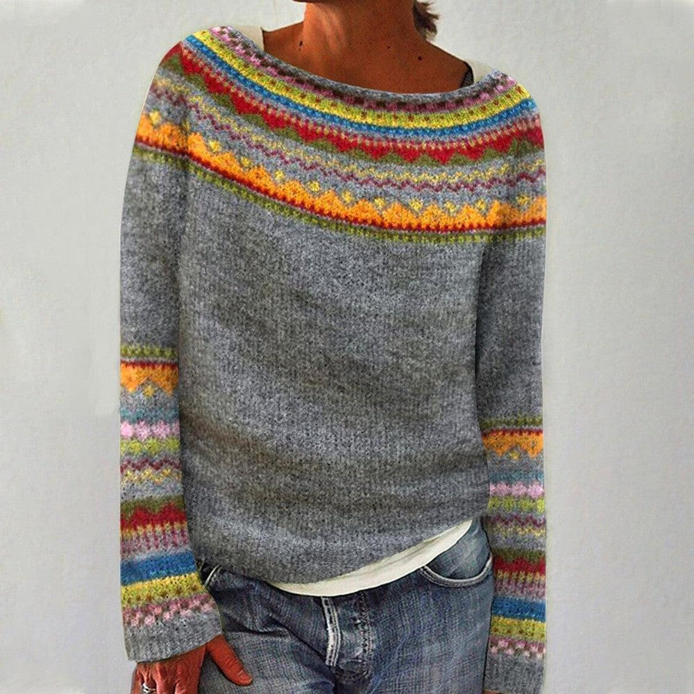 Jersey de punto de manga larga con estampado retro multicolor para mujer | Ideal para otoño/invierno