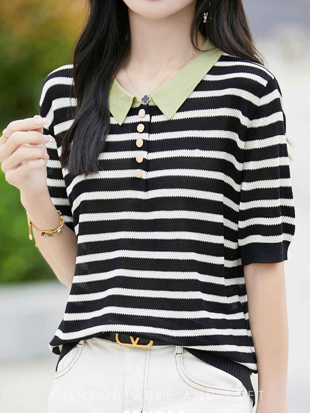 Julia Classic Polo Collar Striped Knitted Top
