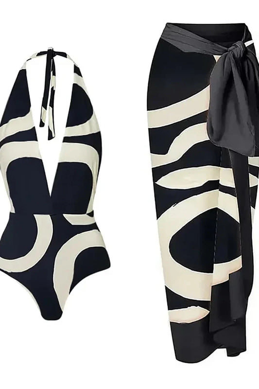 Traje de baño de una pieza con cintura alta y cuello halter con bloques de color