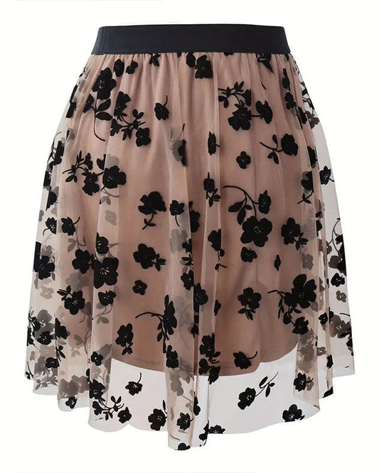 Flocked Mesh Flower A-Hem Short Skirt