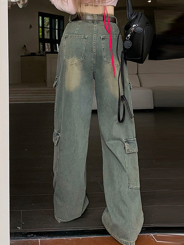 High Waist Multi Pocket Mopping Cargo Jeans