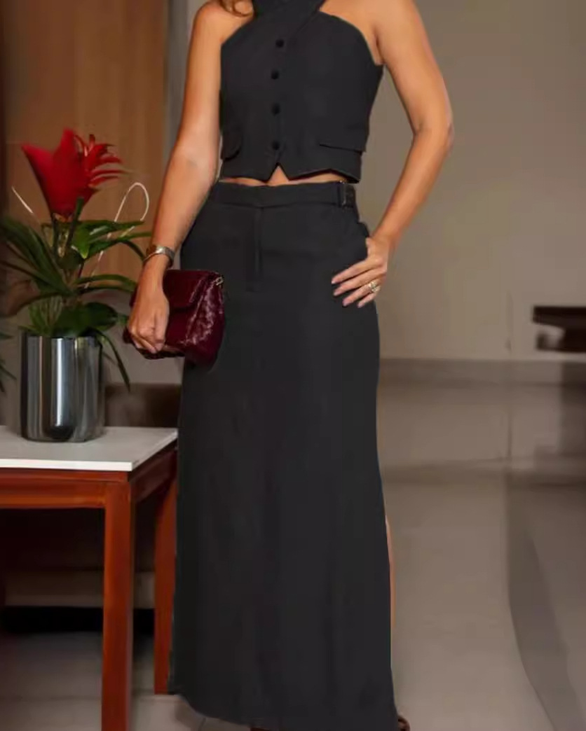 Sleeveless Solid Color Casual Two-Piece Set