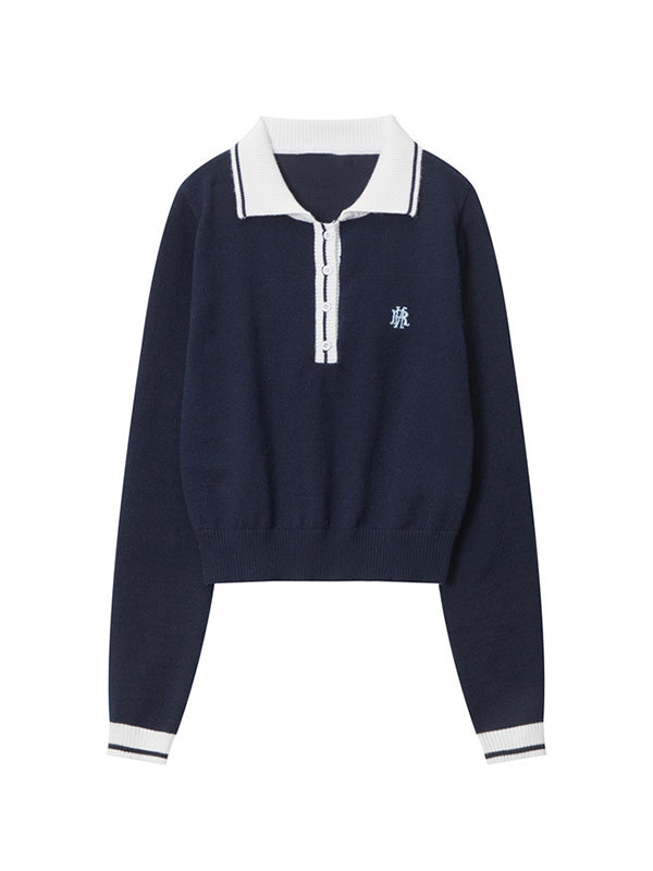 Preppy Letter Embroidery Lapel Neck Long Sleeve Knit